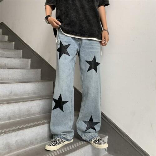High Street Vintage Washed Mopping Floor Fried Trendy Mens Star Pattern Jeans Summer Distressed Ladies Loose Straight Trousers