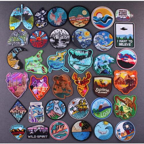 Van Gogh Patch Mountain Camping Embroidery Patches For Clothing Thermoadhesive Patches DIY Stripes Adventure Travel Stickers