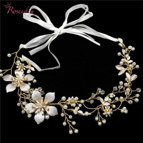 Charming Rhinestone Pearl Flower Bride Headband Wedding Hair Jewelry Gold Leaf Hair Bands Wedding Hair Ornaments RE3034