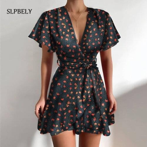 SLPBELY Women Mini Dress Summer Vintage Printed V-neck Lace UP Dress Robe A-Line Short Sleeve Party Dress 2021 Casual Sundress