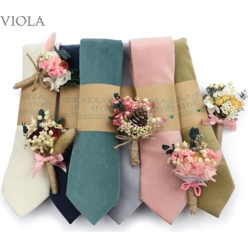 Gift Boxed Skin Touch Velvet 7cm Tie Brooch Set Men Dry Flower Pin Luxury Solid Necktie Wedding Party Birthday Groom Accessory
