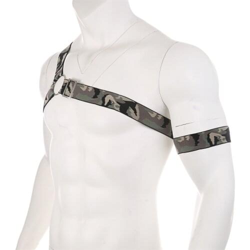 Sexy Camouflage Body Chest Harness Men Elastic Shoulder Strap Stage Costume Clubwear Bondage Clothes Lingerie with Arm Band