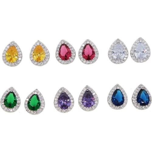 Birthstone waterdrop shaped colorful cz stud earring for women fashion jewelry bright colors elegance trendy gorgeous jewelry