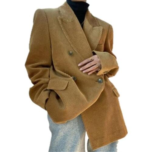 Corduroy Double Breasted Oversized Blazer Women Loose Office Lady Suit Outwear