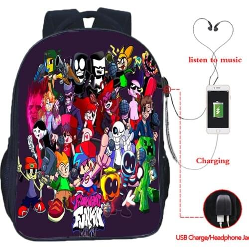 New Friday Night Funkin USB Charging Backpack For Boys Girls Waterproof School Bags Children Fnf Book Bags School Gift Mochila