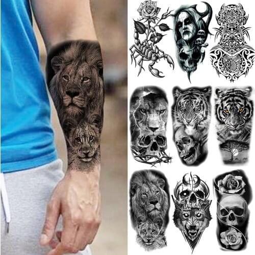 Lion Temporary Tattoos For Men Adults Realistic Scorpion Vampire Tiger Wolf Skull Thorns Fake Tattoo Sticker Forearm Body Tatoos