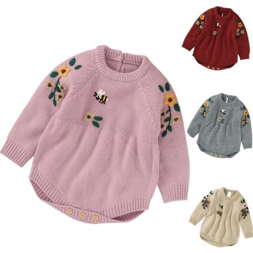 Infant Baby Girls Floral Embroidery Knitting Jumpsuit Spring Autumn Baby Clothes Toddler Baby Girl Long Sleeve Knitting Romper