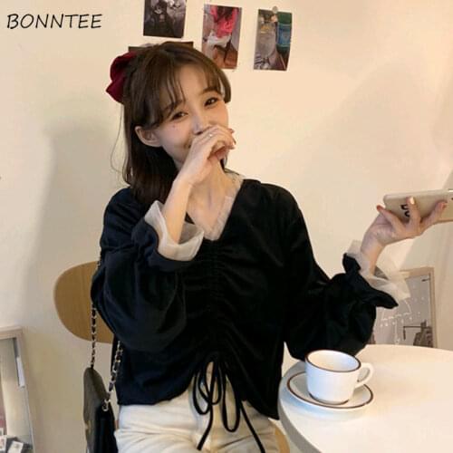 Large Size Shirts Women Hot Sale Retro Tender Elegant Long Sleeve V-Neck Student Slim All-match Ulzzang Ladies Spring Crop Top