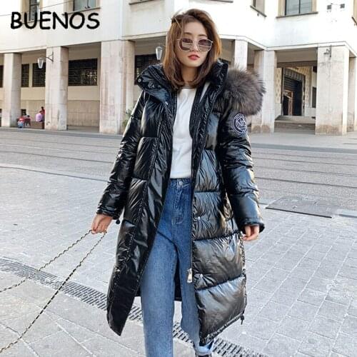 BUENOS Glossy long down jacket female big fur hood parka 2019 new winter jacket women thick warm fashion loose coat snow wear