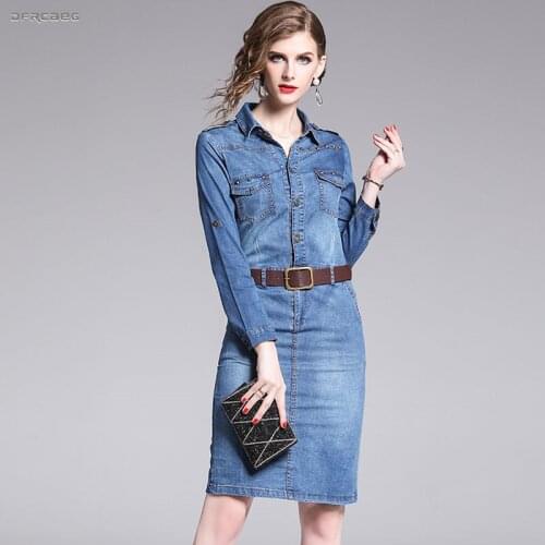 Vintage Blue Women Cowboy Denim Pencil Dress Autumn 2019 Fashion Long Sleeve Knee Length Jeans Dress With Rivet Female Vestido