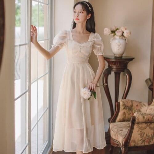 Women Temperament Puff Sleeve Square Neck Dress Summer 2021 Chic Beaded Button Gentle French Mesh Dress Vestidos