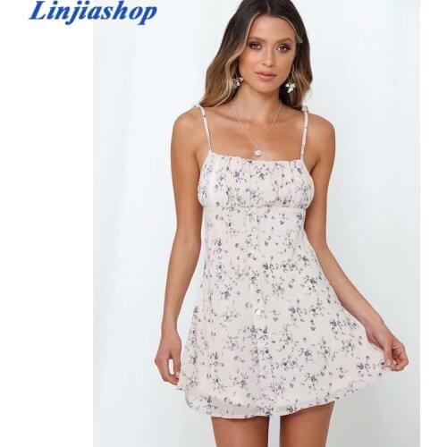 Elegant 2 color reform mini dress woman spaghetti strap lining summer beach holiday floral print dress ladies