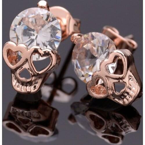 1 Pair Fashion Cute Womens Ladies Rose Gold Tone Crystal Skull Pierced Studs Earrings Popular Jewelry Gifts Skeleton Earrings