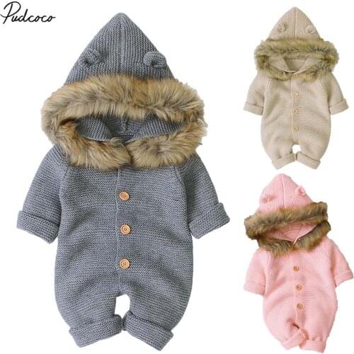 2019 Brand Newborn Baby Girl Fall Winter Warm Romper Sweaters Fur Collar Hooded Knitted Jumpsuit Solid Hoodies Kids Clothes
