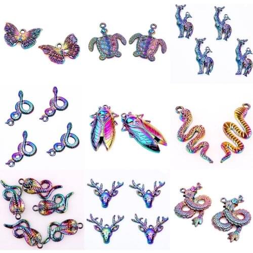 5Pcs/Lot Rainbow Color Animal Butterfly Dragon Snake Charms Diy Sea Tortoise Pendant Women Keychain Earrings Jewelry Wholesale