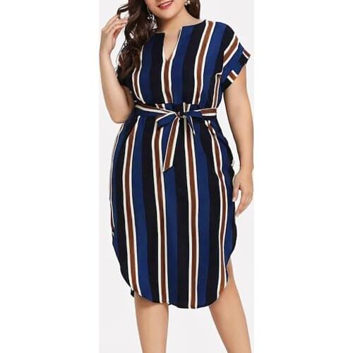 5xl Plus Size Dress Striped Shirt Dress Women V-neck Irregular Short Sleeve Dress Large Size Office Lady Stripe Dresses A20