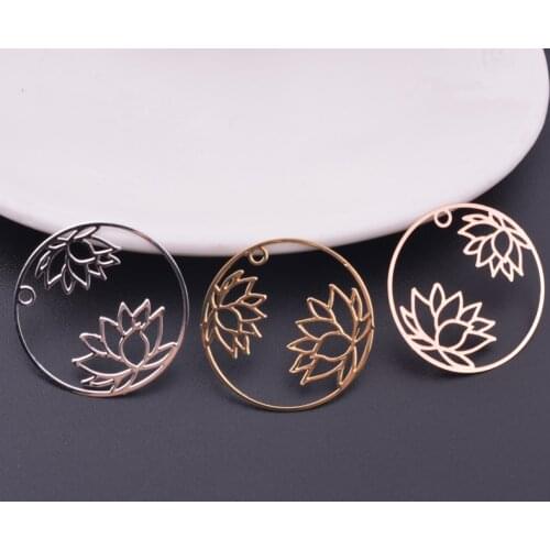 6pcs 27mm Rose gold color Round Lotus Charms Thin Pendant Silver Plated Earring Findings