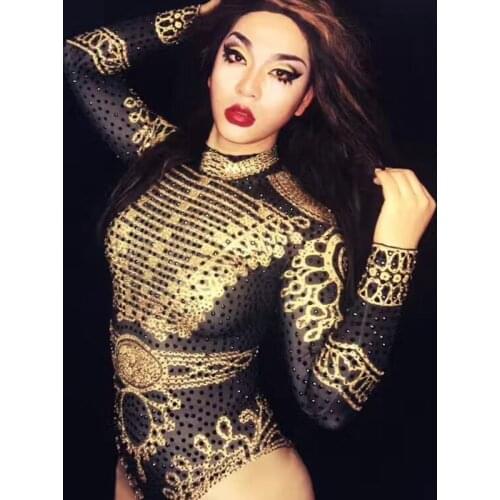 Sparkly Gold Rhinestone Bodysuit Long Sleeve Female Singer Performance Leotard Stage Wear One Piece Dance Costume Rave Outfits