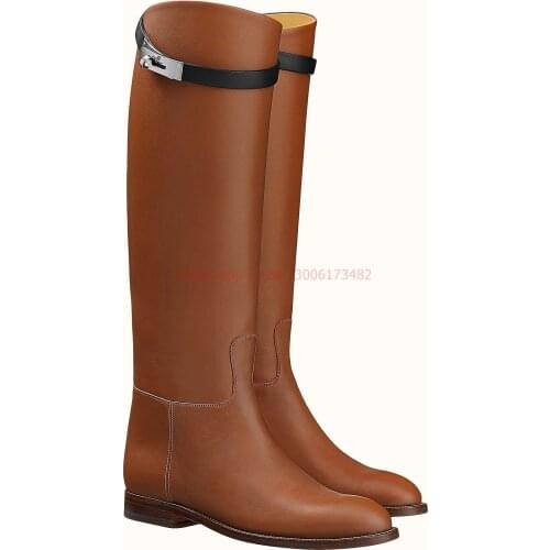 Design brand woman flat heel knee high Martin boots round toe woman buckle high-top large size Knight woman boots