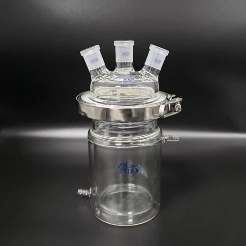 Double-layer cylindrical flat bottom open reactor bottle 1000ml,150mm flange,With iron clip,Cover with three oblique necks 24/29