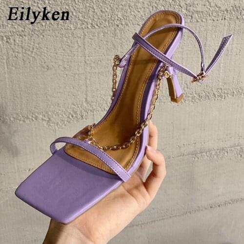 Eilyken Summer Gladiator Sandals Women Fashion Chain Design Square Toe Ankle Buckle Strap Ladies Shoes Thin High Heels Pumps