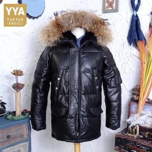 Natural Sheepskin Mens Hooded Genuine Leather Jackets Casual Winter Warm Down Jacket Raccoon Fur Collar White Duck Down Coat