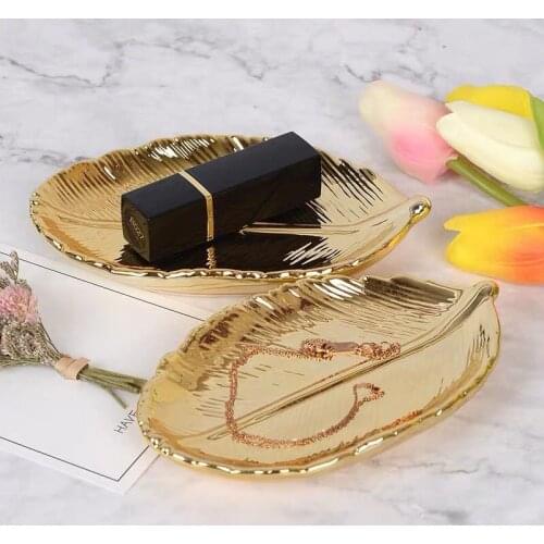 Gold Leaf Ceramic Plate Decorative Dish Porcelain Candy Trinket Dish Jewelry Fruit Serving Tray Crockery Tableware Storage Plate