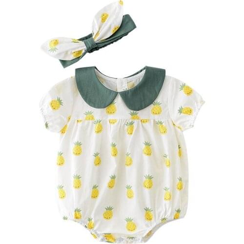 Baby clothes summer fruit Pineapple triangle rompers short sleeve girls boys Doll collar jumpsuits bow Headband set