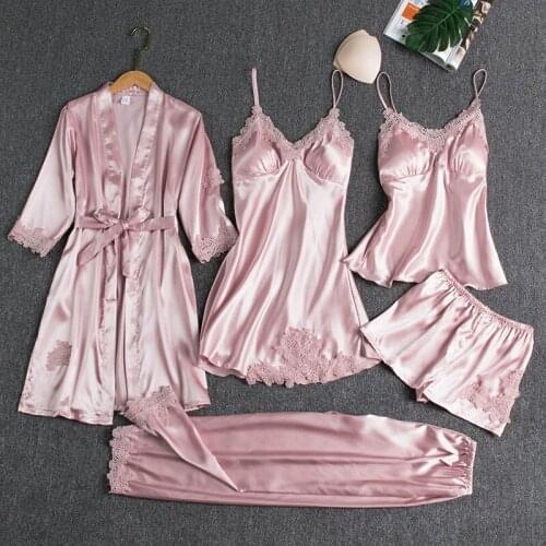 SR087 Women Pajamas Set 5 Pieces Solid Faux Silk Pant Shorts Sleepwear Woman Suit Spring Summer Autumn Robe Sleep dress Homewear