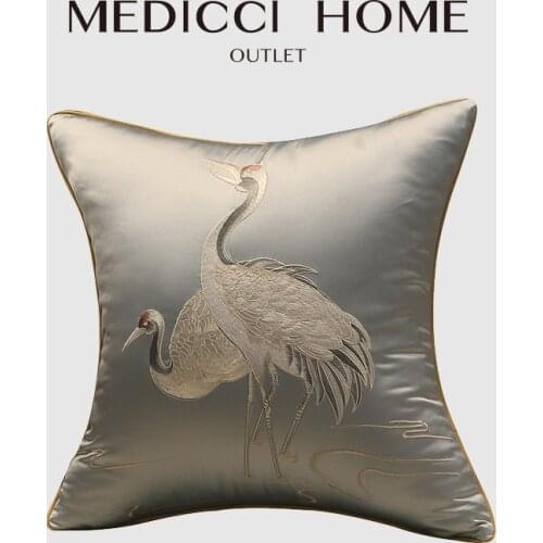 Medicci Home Throw Pillow Cover Crane Embroidered Luxurious Artistic Oriental Handicraft High-end Upmarket Brocade Cushion Case