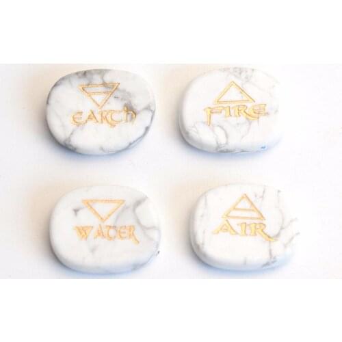 Set of 4 Natural Howlite Healing Crystal Engraved Reiki 4 Elemental of Earth Water Air Fire Palm Stone with a Free Pouch
