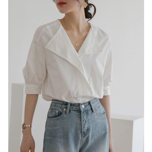 Solid White Women Shirts Summer New 2021 Turn-Down Collar Half Sleeved Loose Elegant Office Lady Outwear Tops
