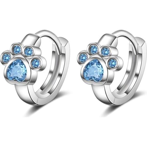 A Girl' New 2021 Cute Animal Cat Paw Mark Blue Mosaic Zircon Crystal Earrings for Women Promise Wedding Band Jewelry