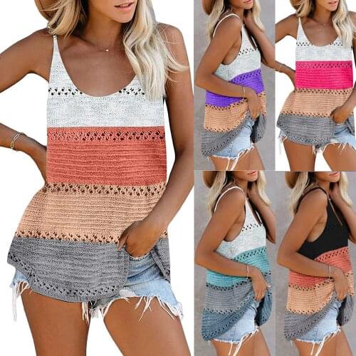 Sexy Backless Camisole Knitted Beach Tank Tops Women 2021 Casual Stripe Sleeveless Hollow Out Vest T-Shirt Summer Loose Clothing