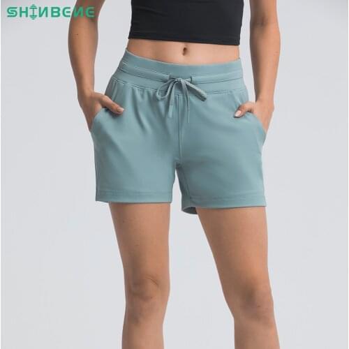 SHINBENE EVERYDAY Drawstring Yoga Sport Workout Shorts Women Mid Waist Anti-sweat Leisure Gym Running Fitness Pocket Shorts 4"