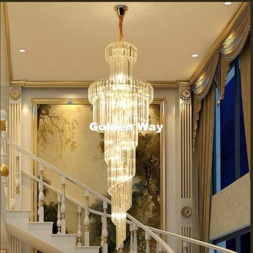 Modern D600mm H1800mm Golden Luxury Crystal Chandelier K9 Crystal For Staircase Hotel Lobby Double Floor Crystal E14*28 LED Lamp