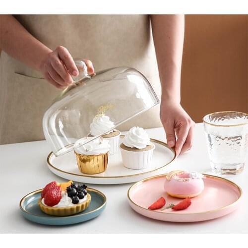 Nordic style ceramic cake dessert bread fruit dessert nuts sushi plate display tray tasting plate with glass cover