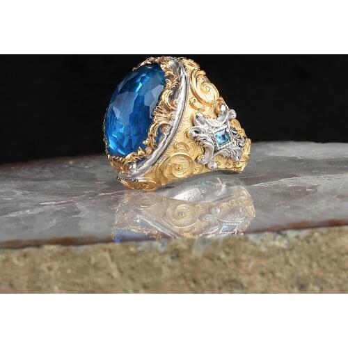 Topaz Gold Plated 925 Silver Traditional Handmade Turkish Ring Luxury Lion Engraving Best Jewelry Gift for Women Men
