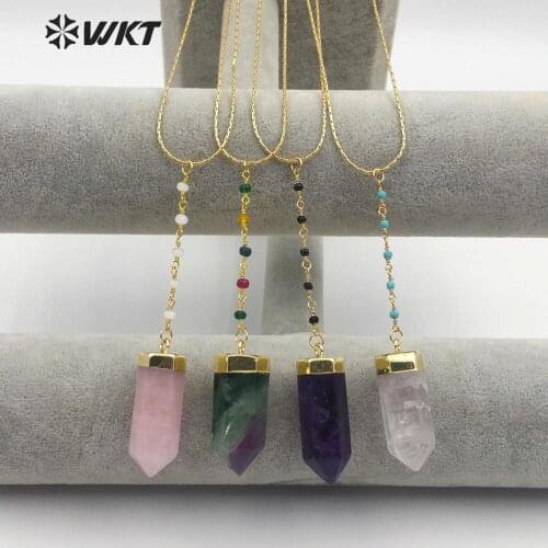 WT-N1180 Natural Stone Necklace Rose quart z / fluorite Stone with Gem stone Beads Gold Electroplated Chain Woman Necklace