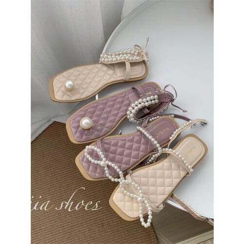 Koovan Women Sandals 2020 Summer New Pearl Bow Split Toe Crystal Flat Shoes Ankle Ring Bandage Open Toe Fairy Sandals Girls