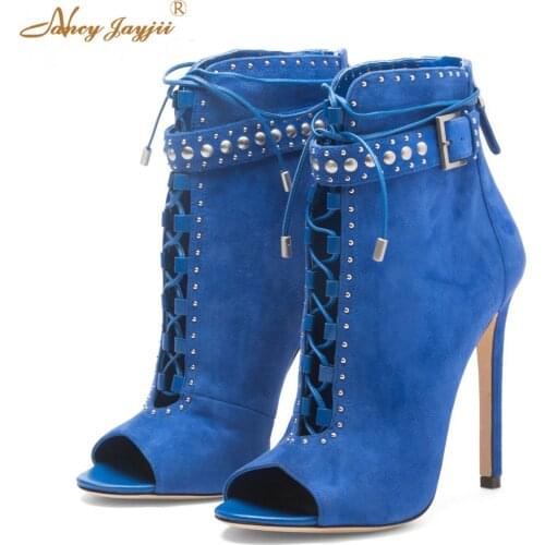 Blue Sexy Genuine Leather Fashion Stiletto Ankle Open Toe Boots High Heels 100mm Rivets Shoes Woman Party Dress Large Size 14