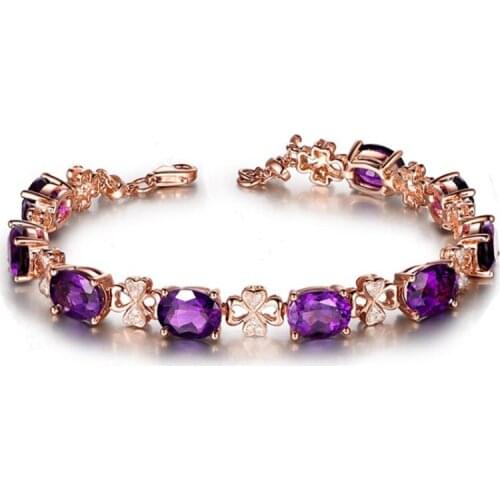 FYJS Unique Rose Gold Color Chain Connect Stackable Oval Natural Amethysts Section Bracelet with Cubic Zirconia Jewelry