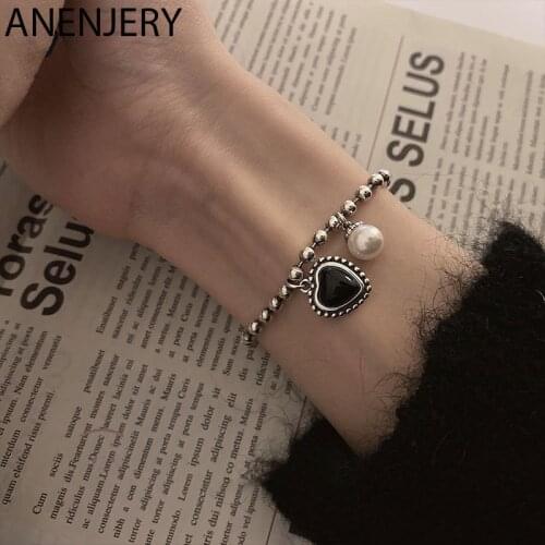 ANENJERY 925 Sterling Silver Love Heart Pearl Bracelet for Women Vintage Black Adjustable Bracelet Jewelry S-B509