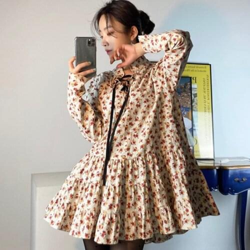 Korean Chic Small Fresh Retro Stand-Up Collar Lace Design Loose Pleated Ruffled Floral Dress Women