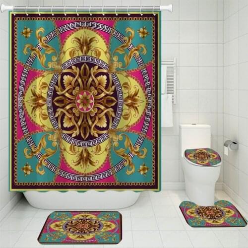 3/4 Pieces Golden Flower Shower Curtains Sets Bohemian Carpet Christmas Gift Toilet Mat 3D Print Eurporean Pattern Bathroom Set