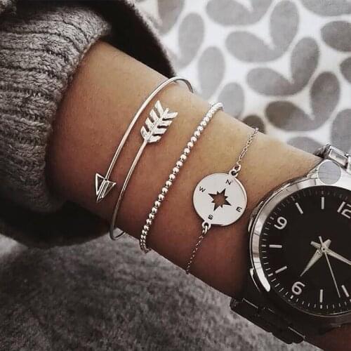 3 Pcs/Set Vintage Silver Color Gold Letters Arrow Punk Key Stars Moon Simple Bracelet Set Women Party Jewelry