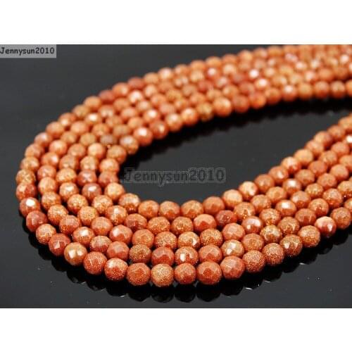 Natural Gold Sand Gems Stones 4mm Faceted Round Spacer Loose Beads 15'' Strand for Jewelry Making Crafts 5 Strands/Pack