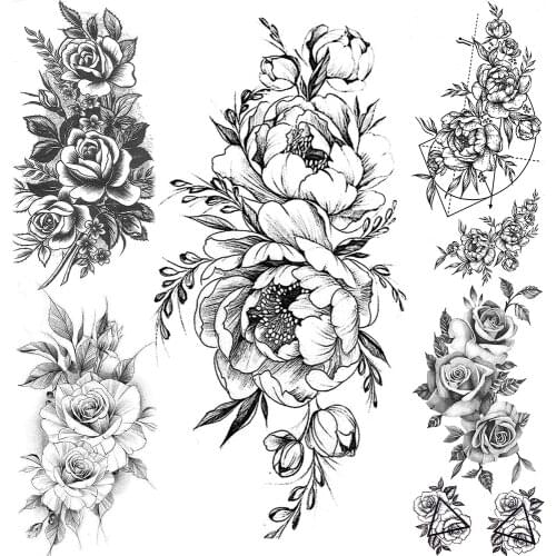 Large Flower Temporary Tattoos For Women Black Rose Daisy Peony Tattoo Sticker Realistic Triangle leaves Fake Tatoos Body Arm