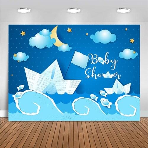 Baby Shower Backdrop Sea Sailboat Moon Cloud Night Sky Newborn Baby Portrait Background Photoshoot Kid Birthday Photo Background