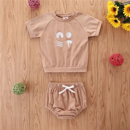 Baby Girls Boys Clothes Set Embroidery Rainbow Print Short Sleeve O-neck T-shirt+Polka Dot Print Drawstring Shorts Kids Clothes